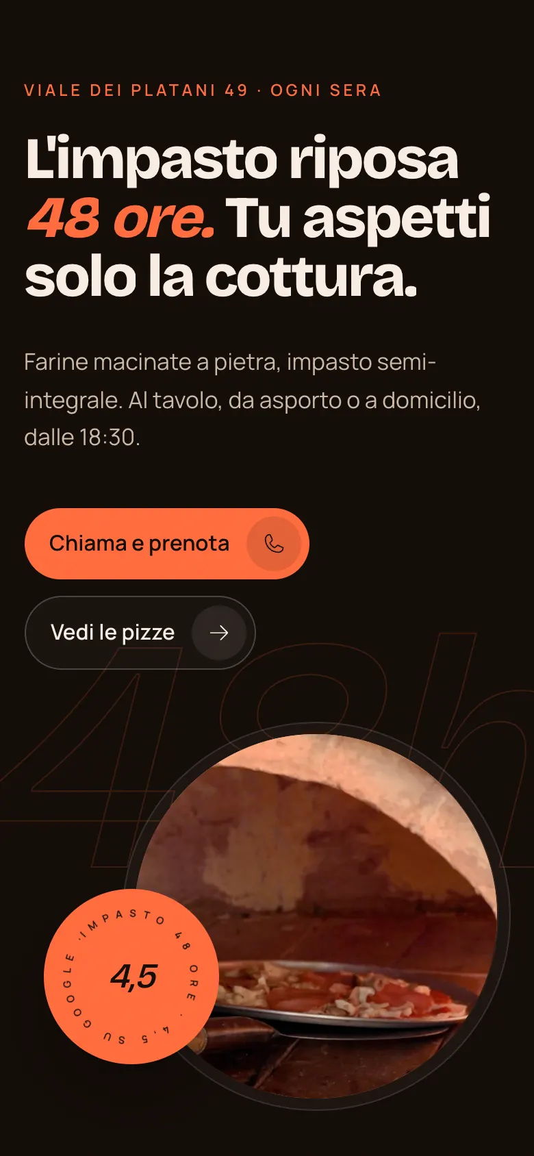 Sito d'esempio per pizzeria, visto dal telefono: nome e contatti inventati