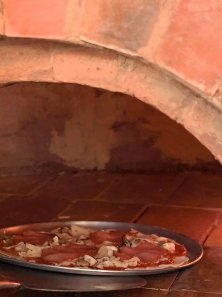 Pizza che entra nel forno a legna
